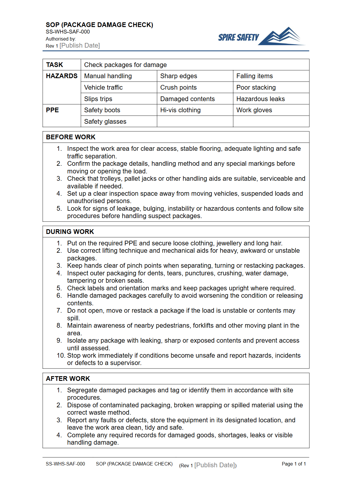 Free Safe Operating Procedure (Package Damage Check) Template — document preview