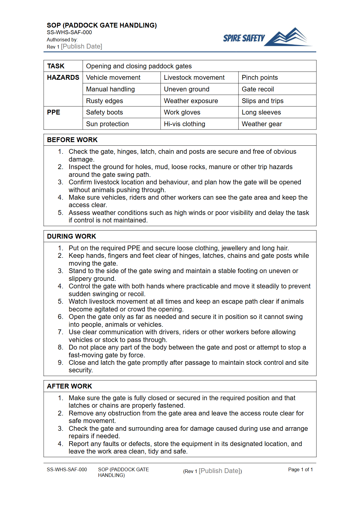 Free Safe Operating Procedure (Paddock Gate Handling) Template — document preview