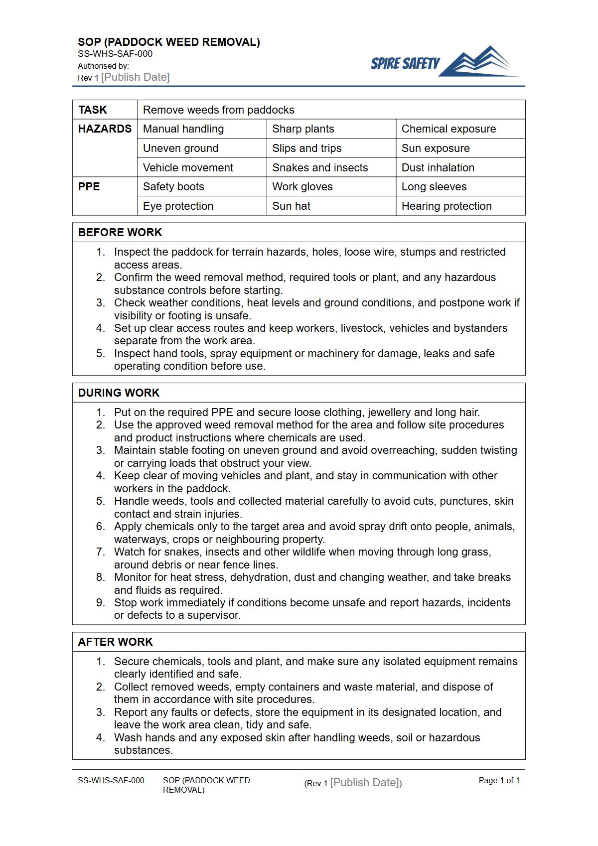 Free Safe Operating Procedure (Paddock Weed Removal) Template — document preview