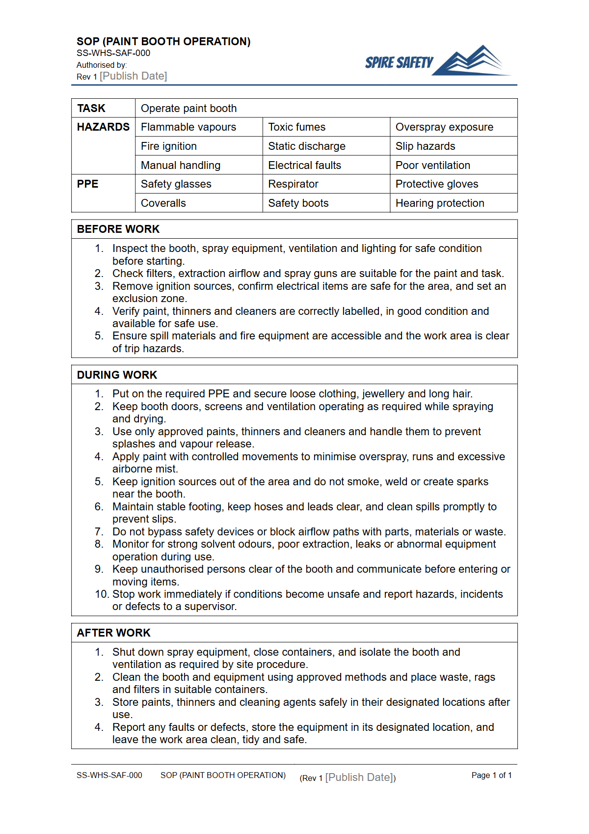 Free Safe Operating Procedure (Paint Booth Operation) Template — document preview