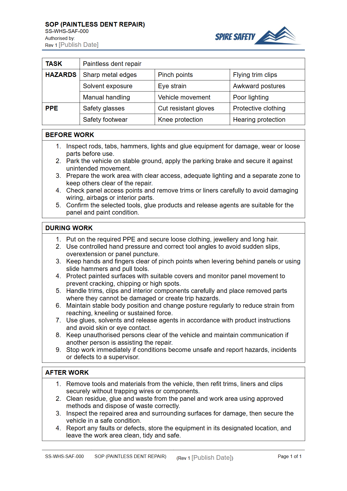 Free Safe Operating Procedure (Paintless Dent Repair) Template — document preview