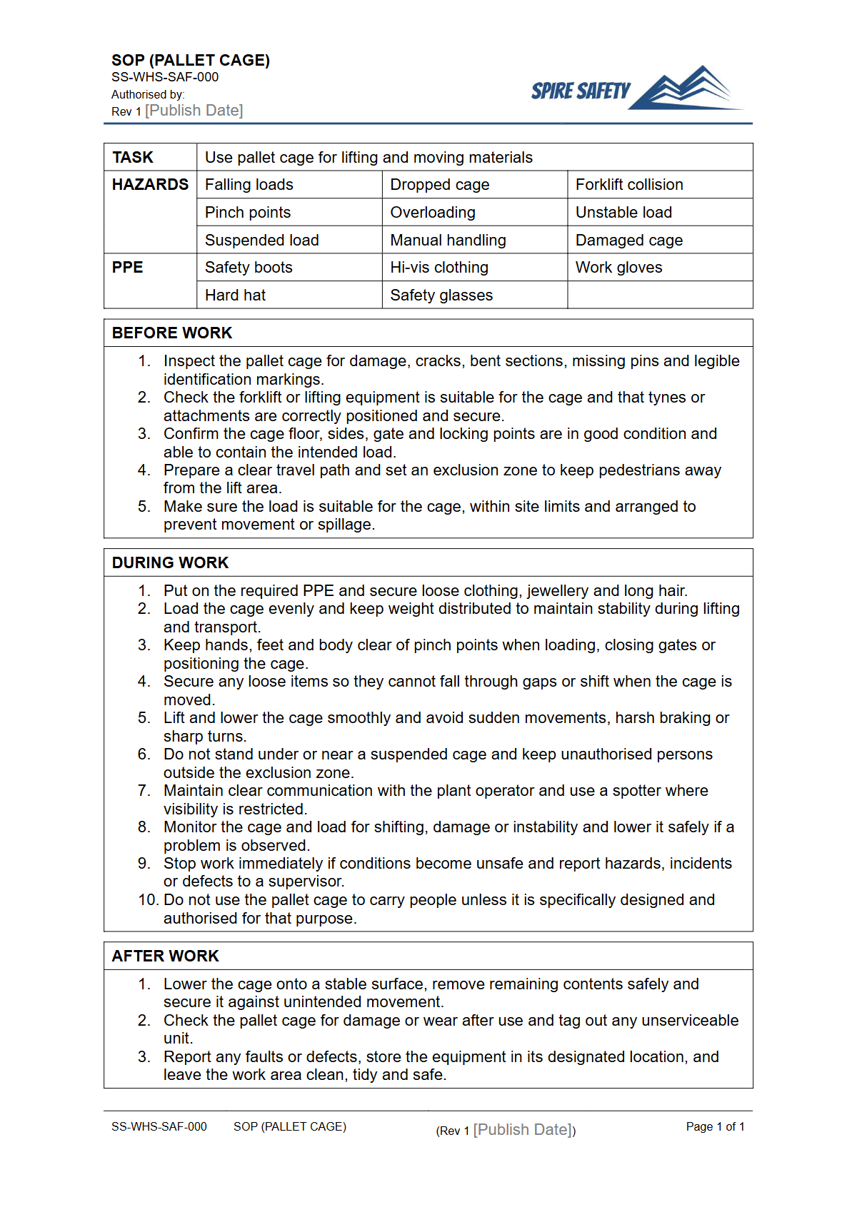 Free Safe Operating Procedure (Pallet Cage) Template — document preview