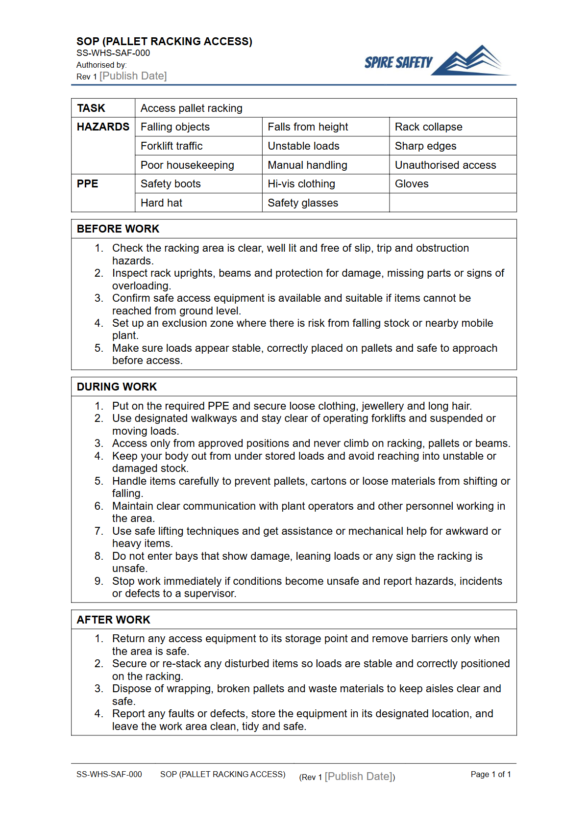 Free Safe Operating Procedure (Pallet Racking Access) Template — document preview