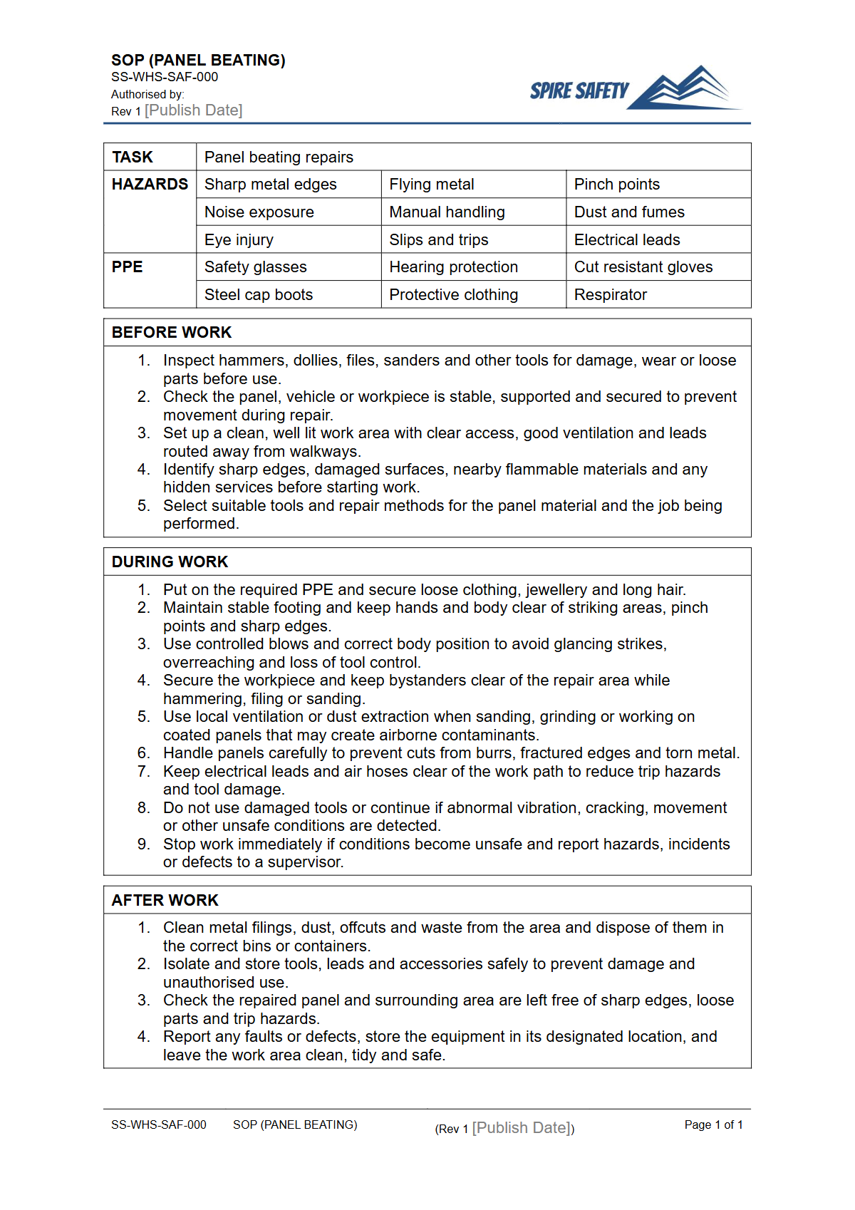 Free Safe Operating Procedure (Panel Beating) Template — document preview