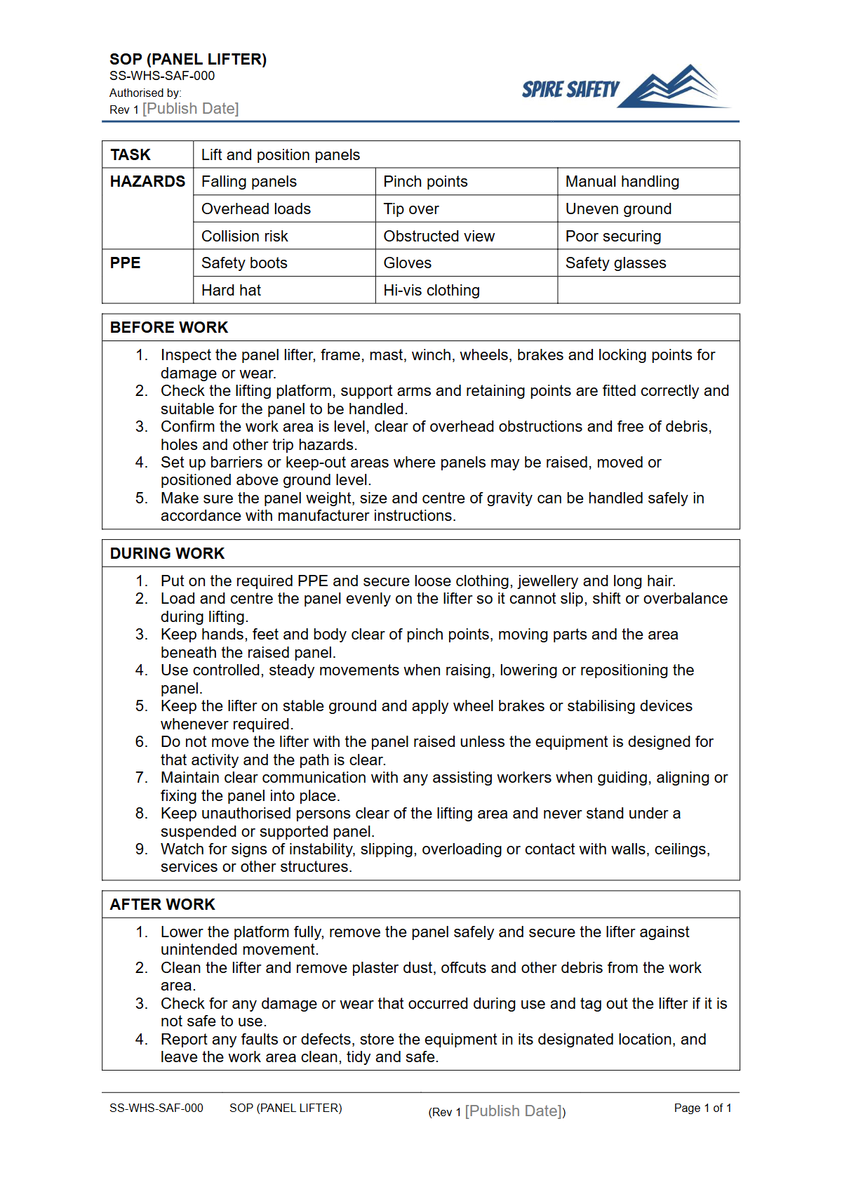 Free Safe Operating Procedure (Panel Lifter) Template — document preview