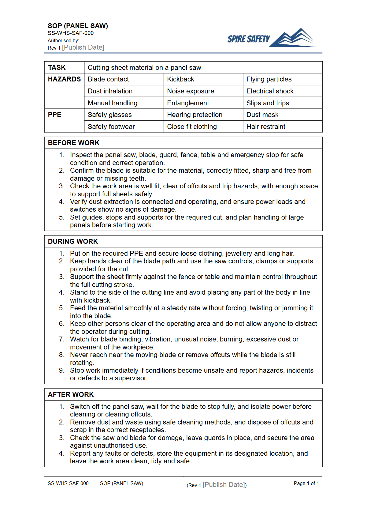 Free Safe Operating Procedure (Panel Saw) Template — document preview