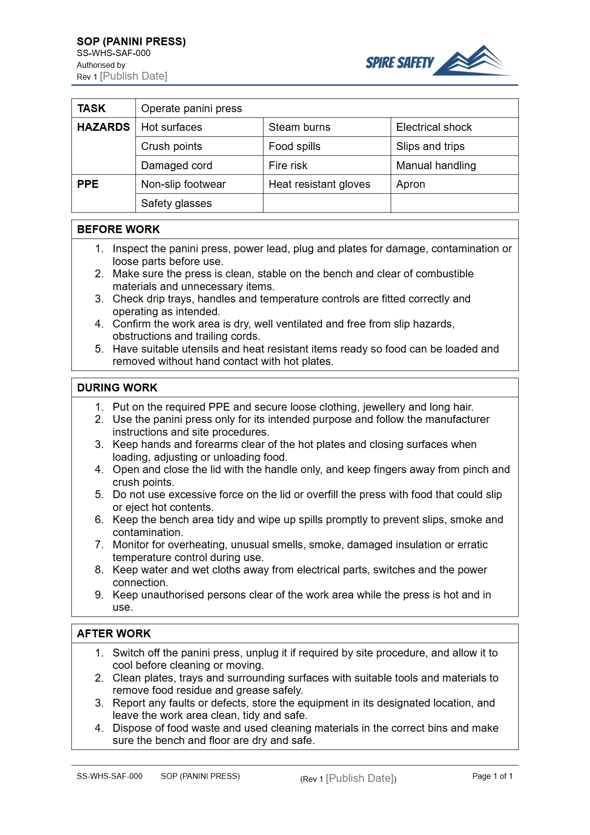 Free Safe Operating Procedure (Panini Press) Template — document preview