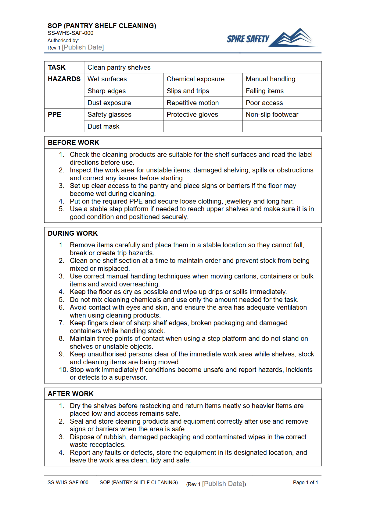 Free Safe Operating Procedure (Pantry Shelf Cleaning) Template — document preview