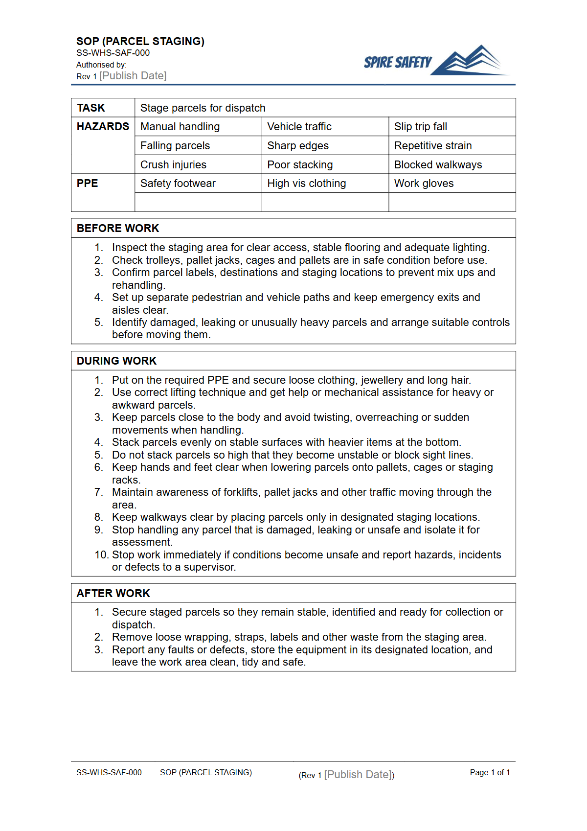 Free Safe Operating Procedure (Parcel Staging) Template — document preview