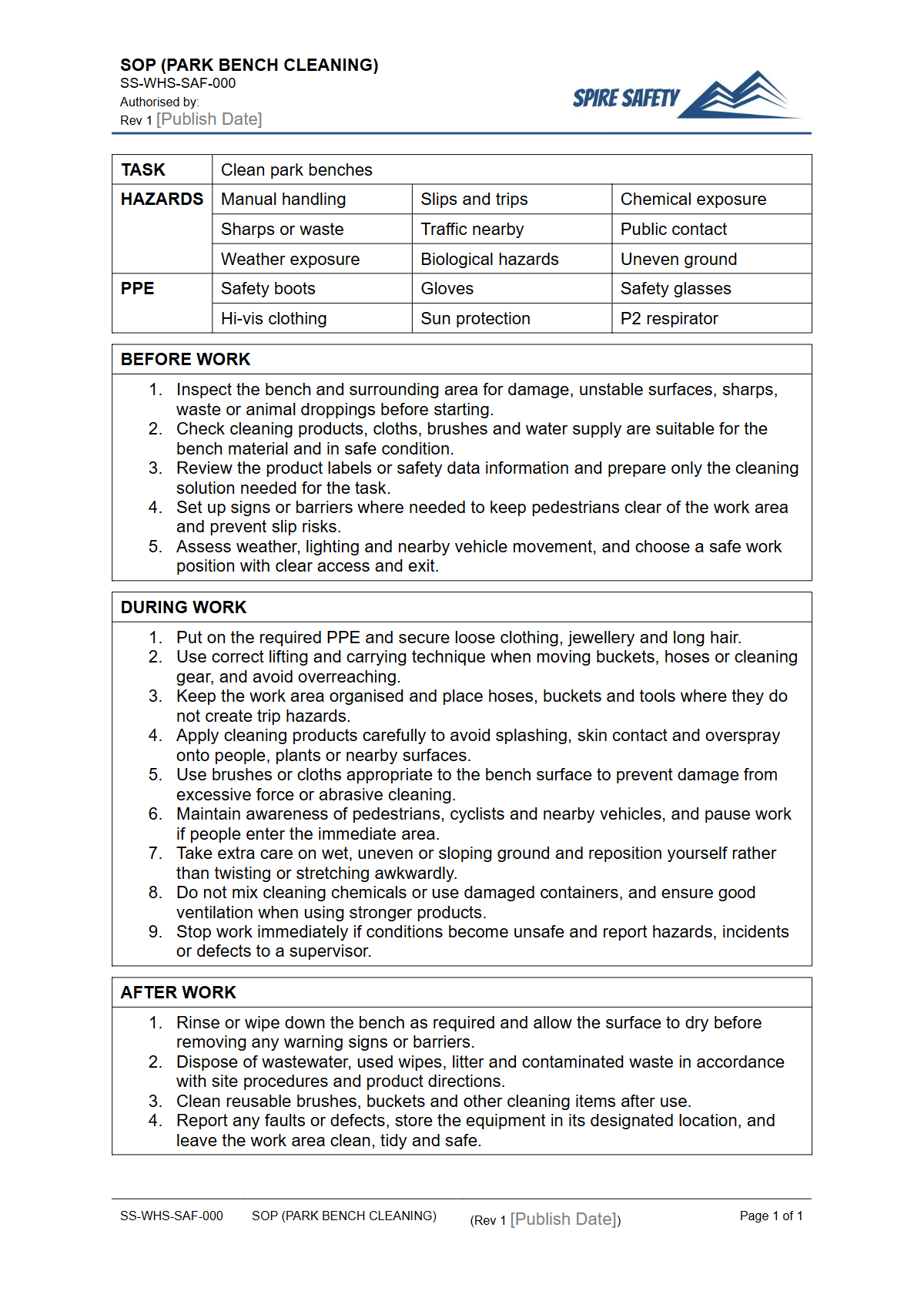 Free Safe Operating Procedure (Park Bench Cleaning) Template — document preview