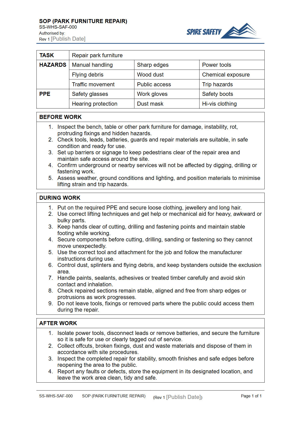 Free Safe Operating Procedure (Park Furniture Repair) Template — document preview
