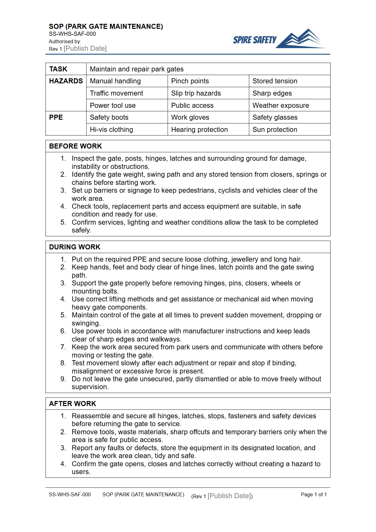 Free Safe Operating Procedure (Park Gate Maintenance) Template — document preview