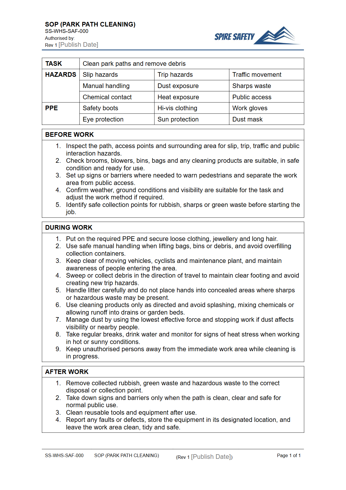 Free Safe Operating Procedure (Park Path Cleaning) Template — document preview