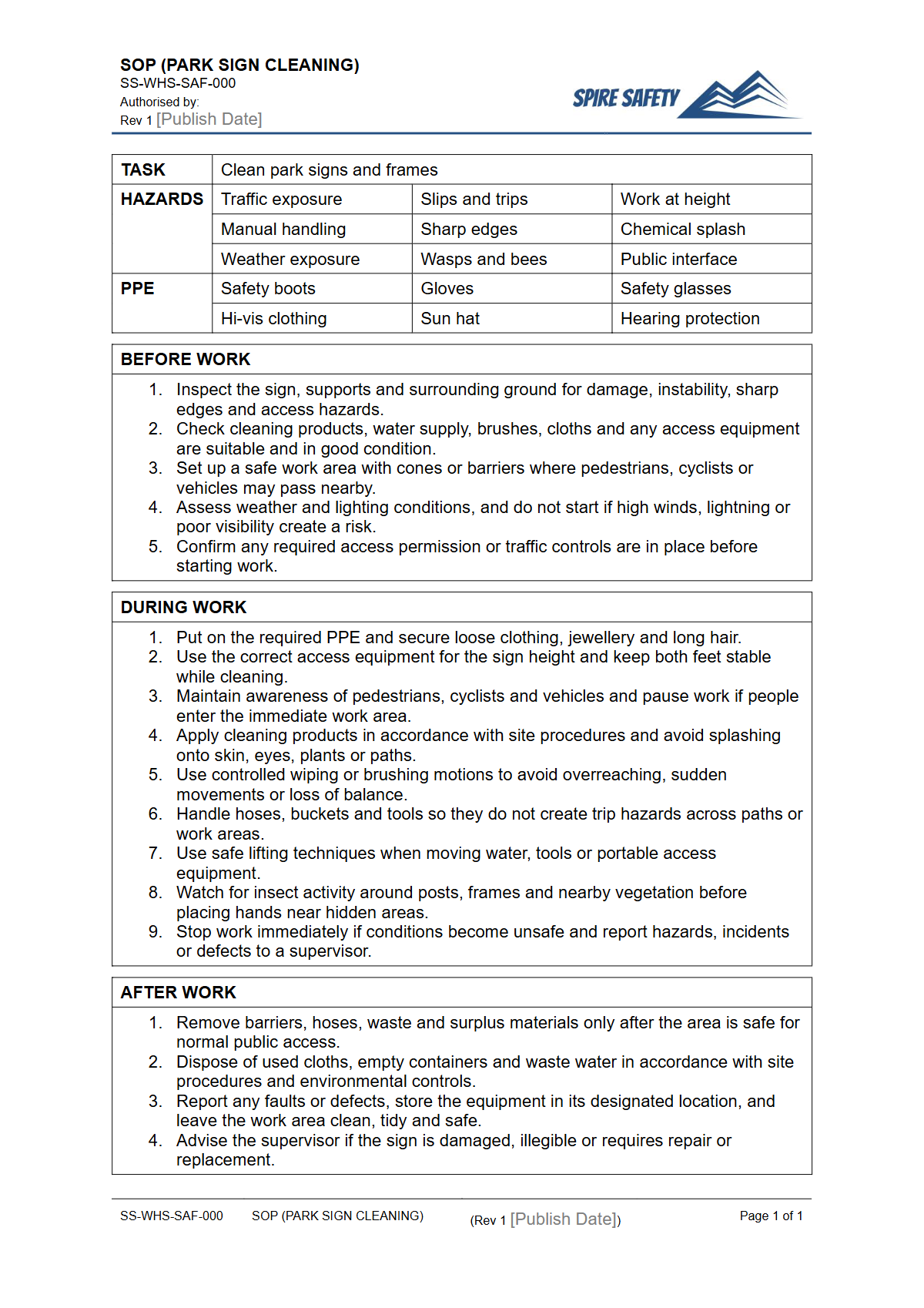Free Safe Operating Procedure (Park Sign Cleaning) Template — document preview