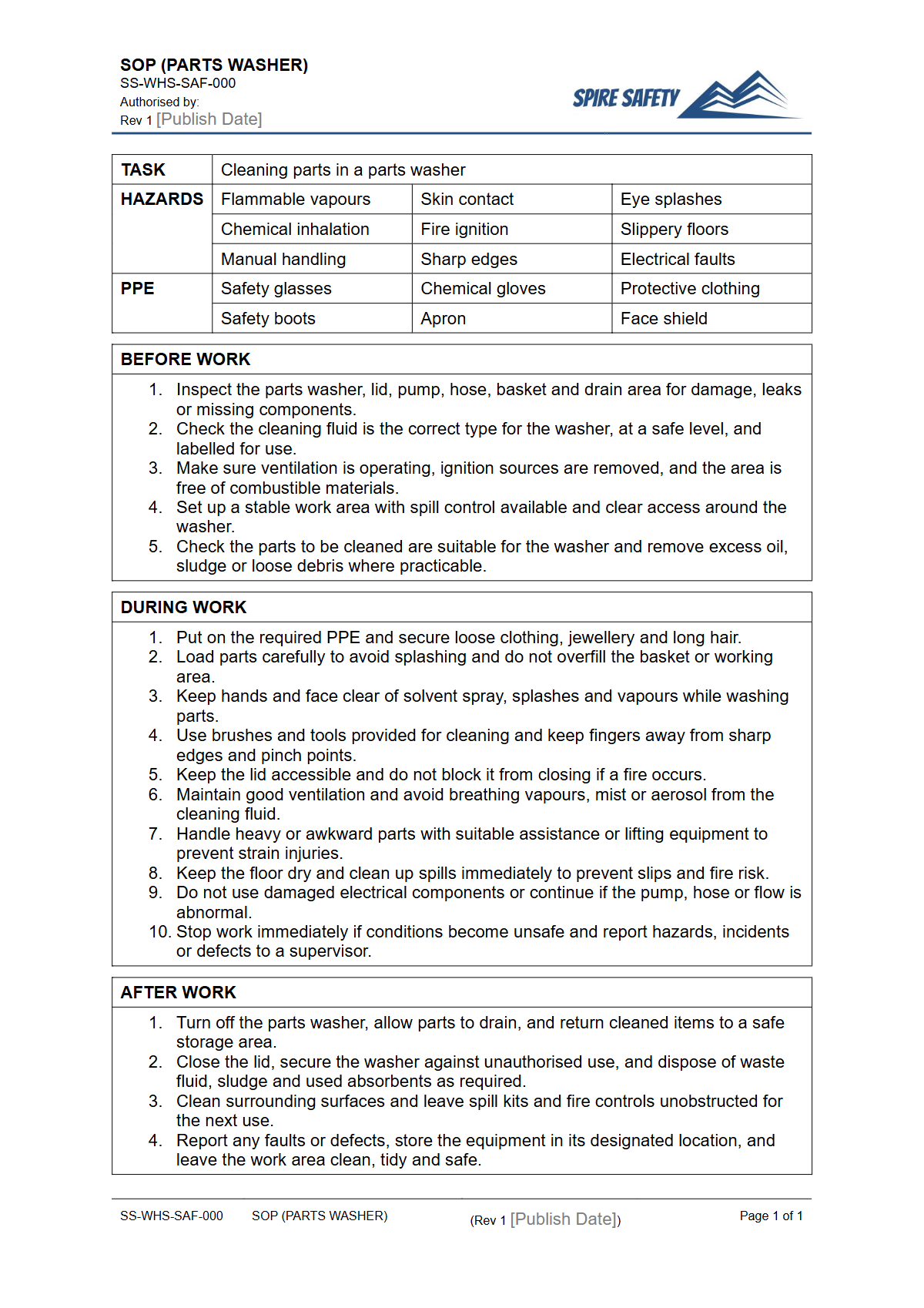 Free Safe Operating Procedure (Parts Washer) Template — document preview