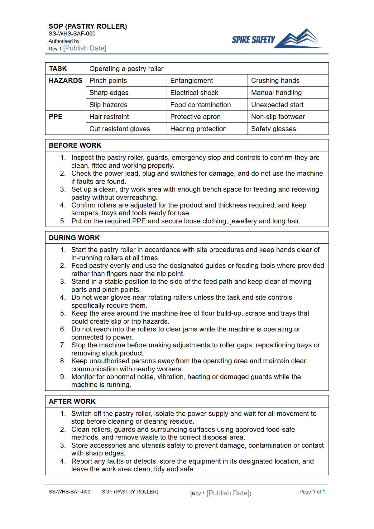 Free Safe Operating Procedure (Pastry Roller) Template — document preview