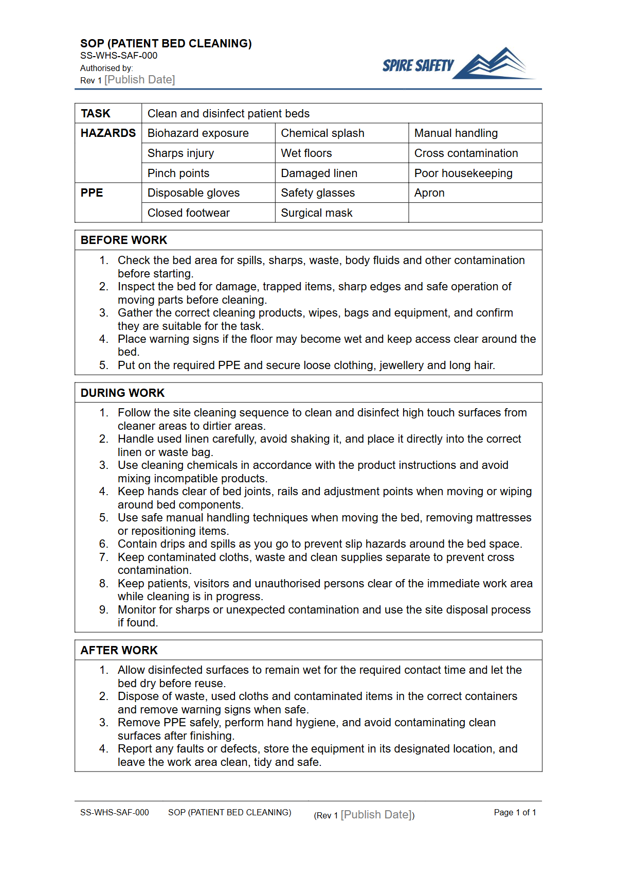 Free Safe Operating Procedure (Patient Bed Cleaning) Template — document preview