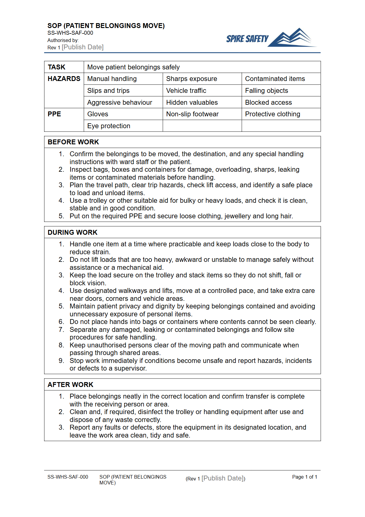 Free Safe Operating Procedure (Patient Belongings Move) Template — document preview