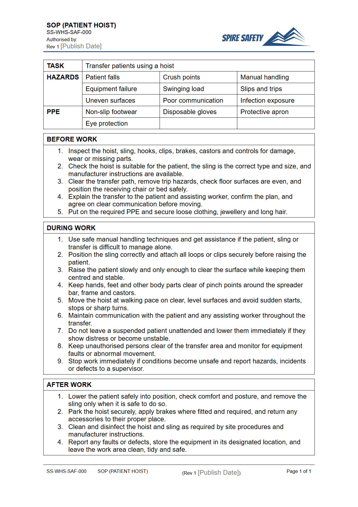 Free Safe Operating Procedure (Patient Hoist) Template — document preview