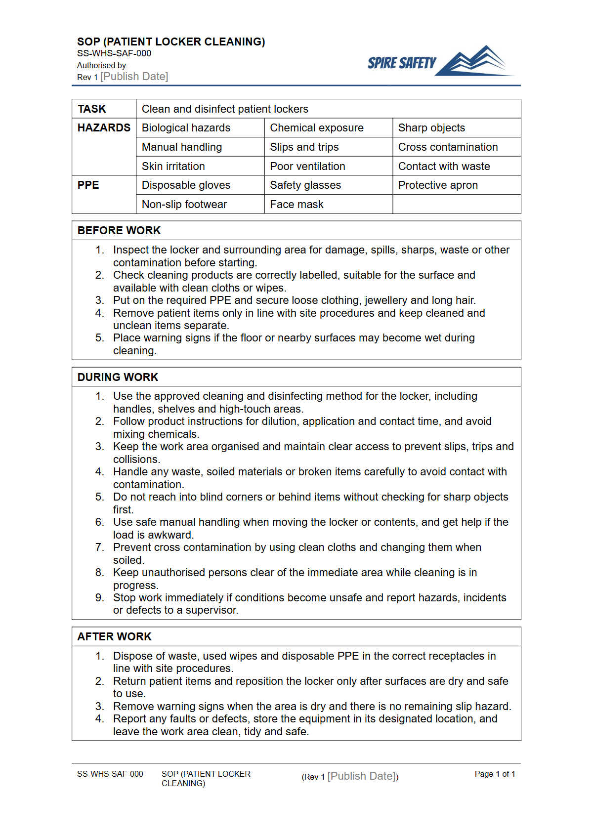 Free Safe Operating Procedure (Patient Locker Cleaning) Template — document preview