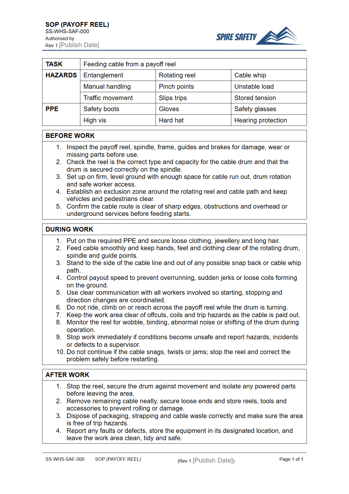 Free Safe Operating Procedure (Payoff Reel) Template — document preview