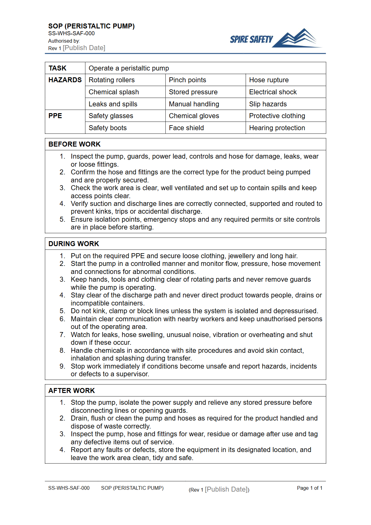 Free Safe Operating Procedure (Peristaltic Pump) Template — document preview