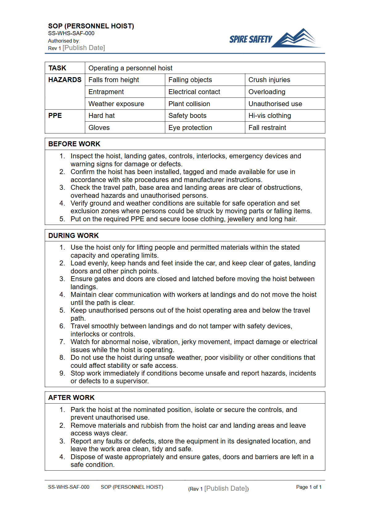 Free Safe Operating Procedure (Personnel Hoist) Template — document preview