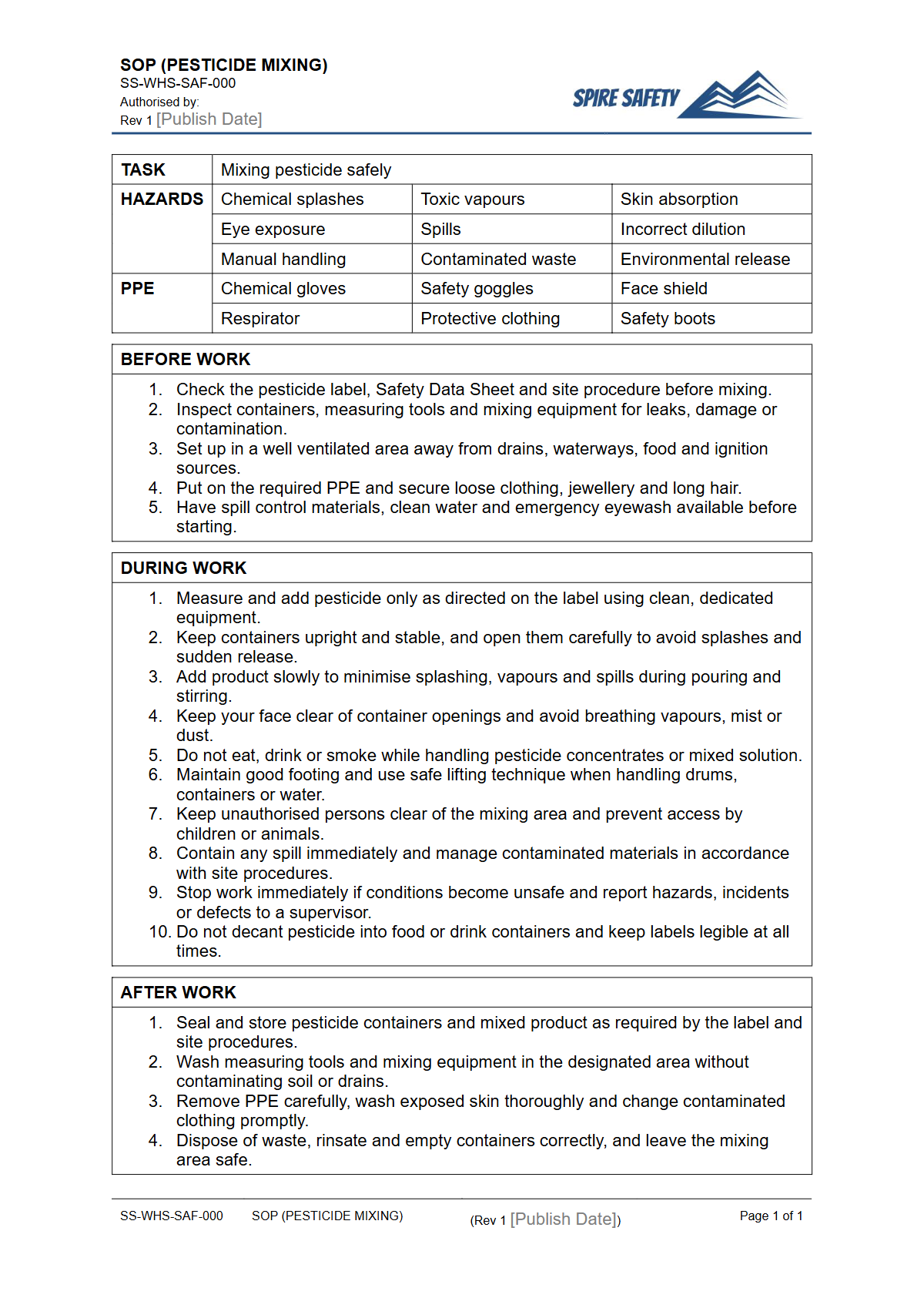 Free Safe Operating Procedure (Pesticide Mixing) Template — document preview