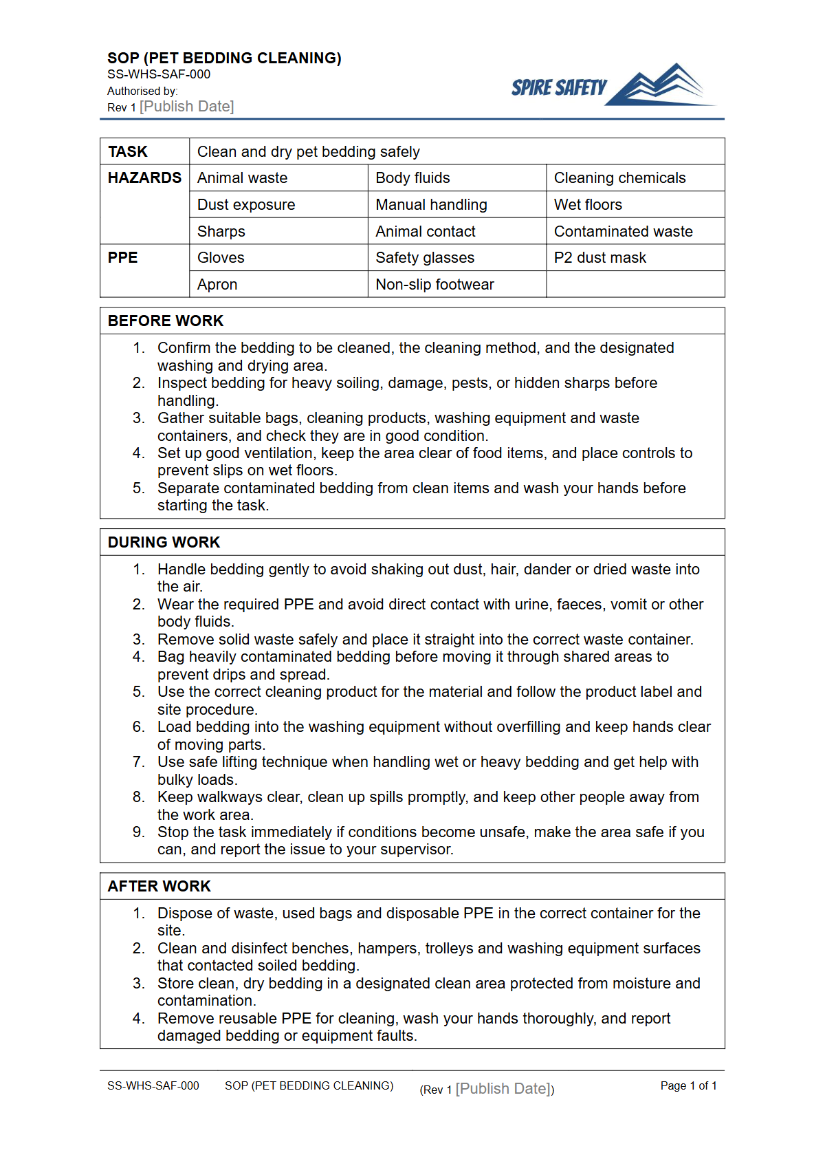 Free Safe Operating Procedure (Pet Bedding Cleaning) Template — document preview