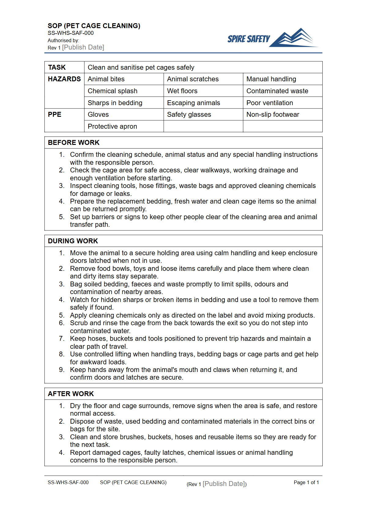 Free Safe Operating Procedure (Pet Cage Cleaning) Template — document preview