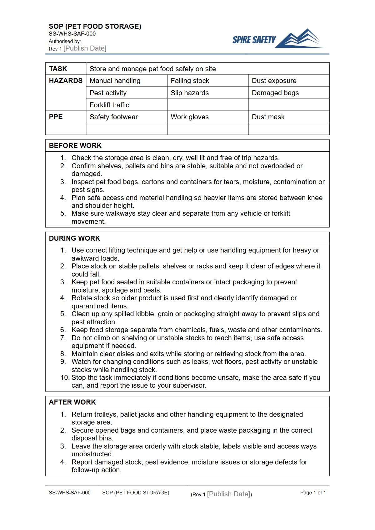 Free Safe Operating Procedure (Pet Food Storage) Template — document preview
