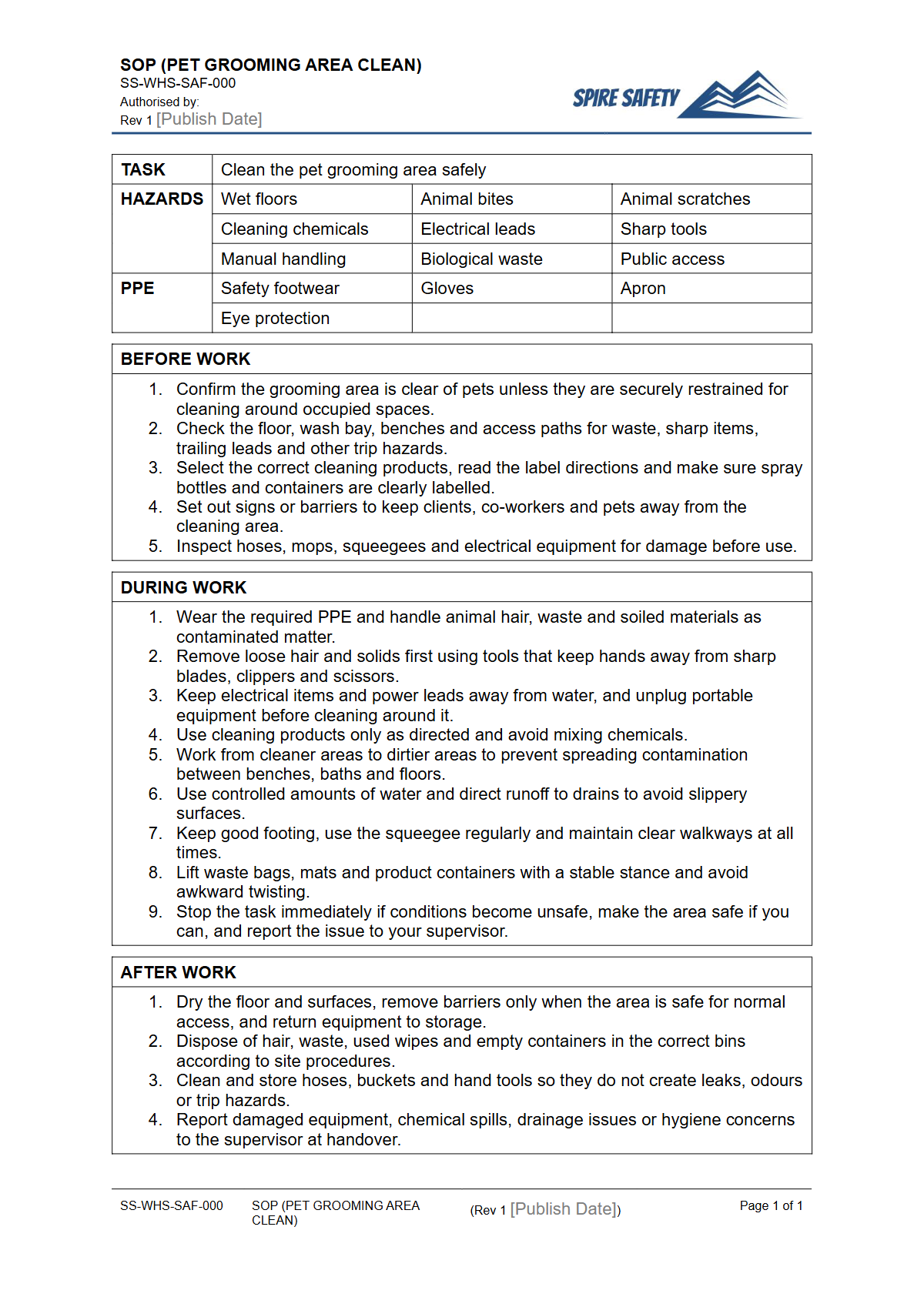 Free Safe Operating Procedure (Pet Grooming Area Clean) Template — document preview