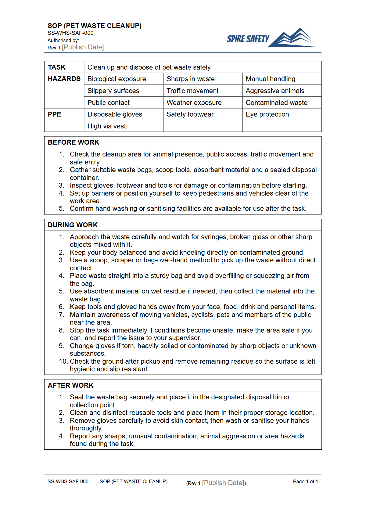 Free Safe Operating Procedure (Pet Waste Cleanup) Template — document preview