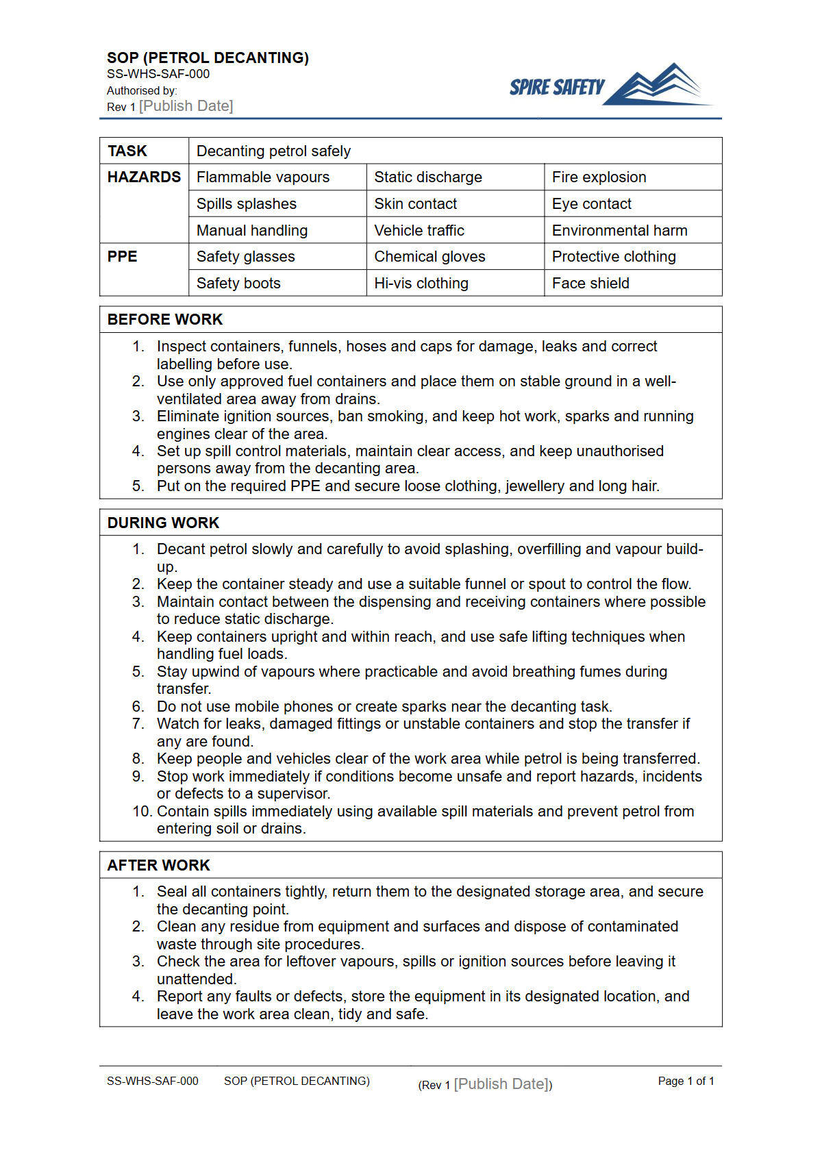 Free Safe Operating Procedure (Petrol Decanting) Template — document preview