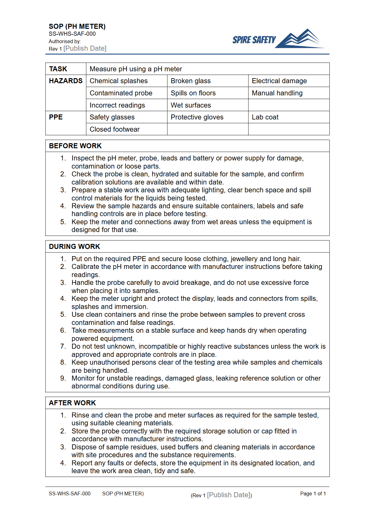 Free Safe Operating Procedure (pH Meter) Template — document preview
