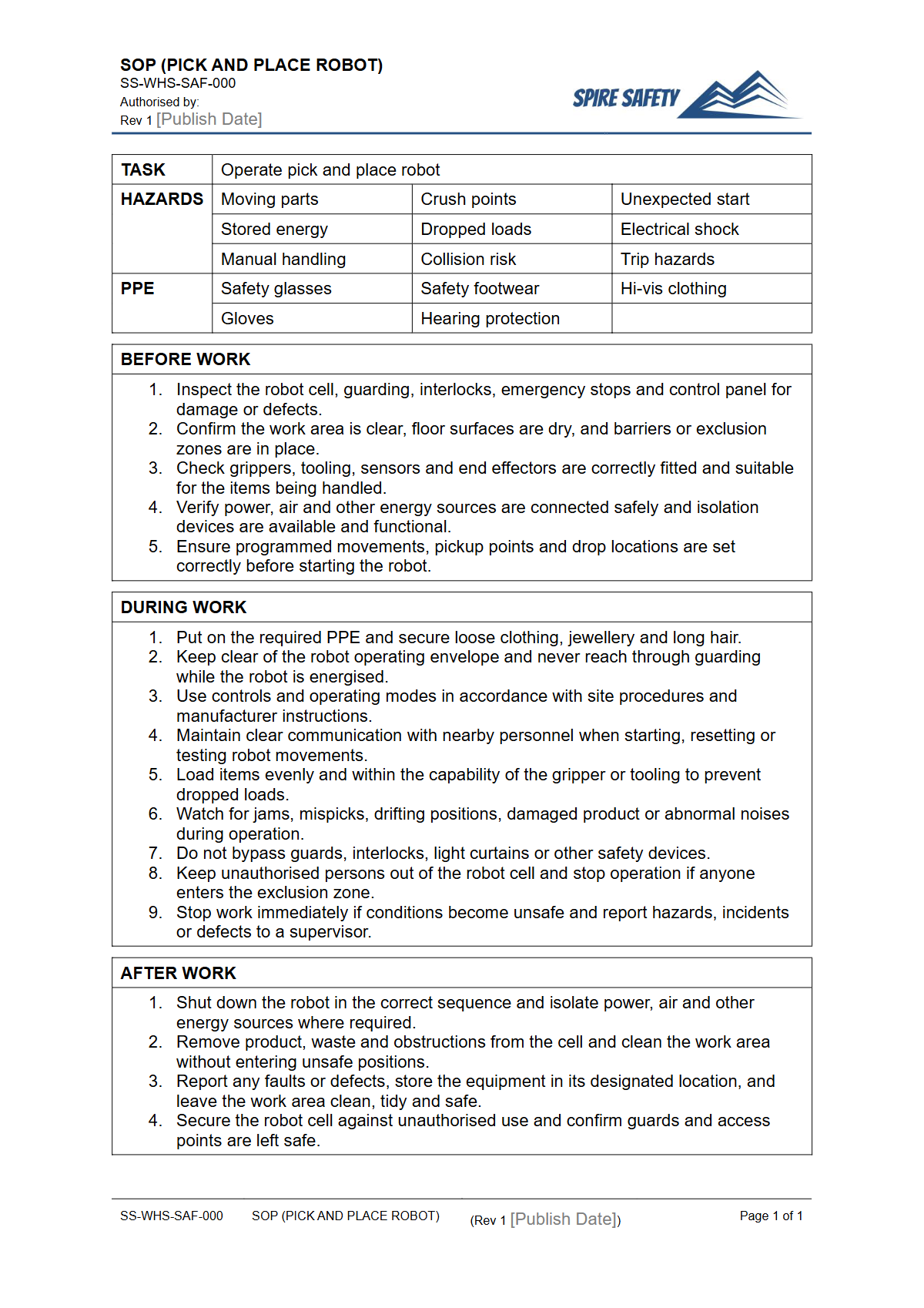 Free Safe Operating Procedure (Pick and Place Robot) Template — document preview