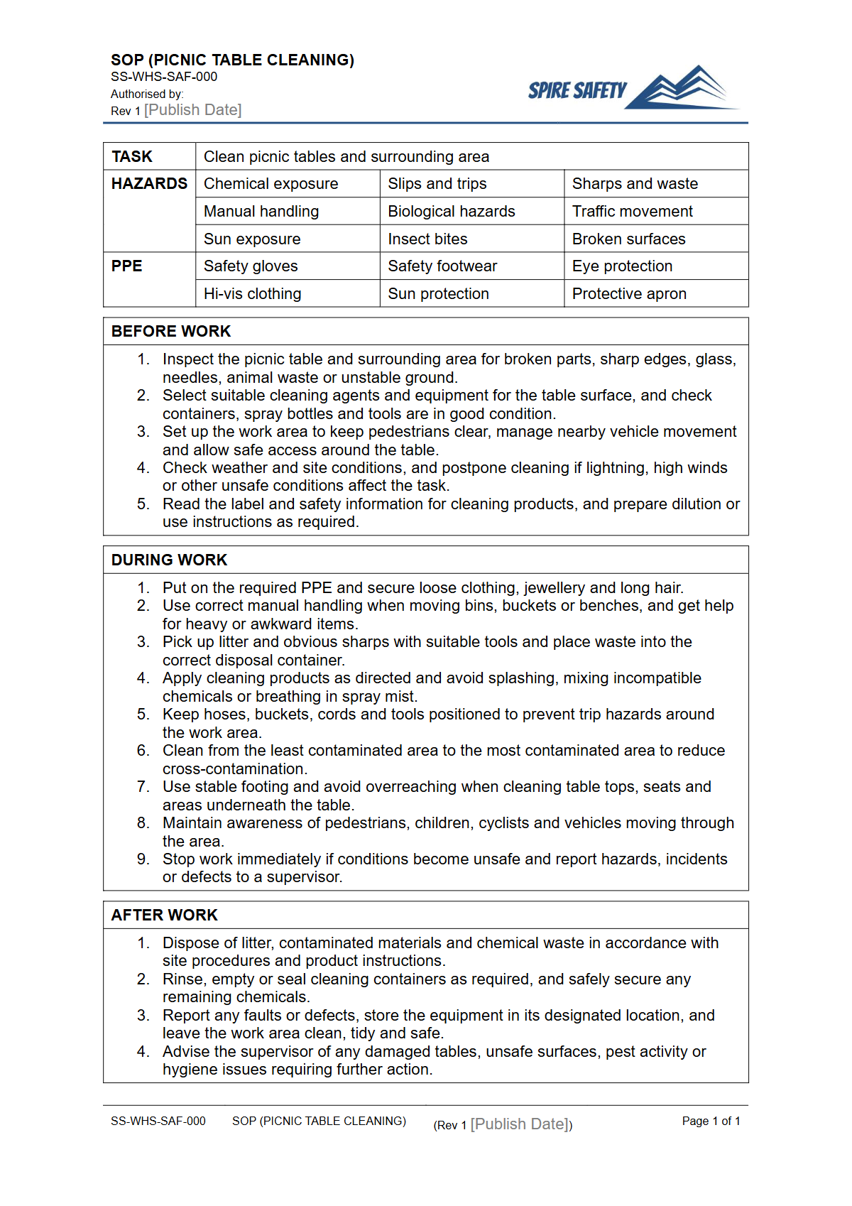 Free Safe Operating Procedure (Picnic Table Cleaning) Template — document preview
