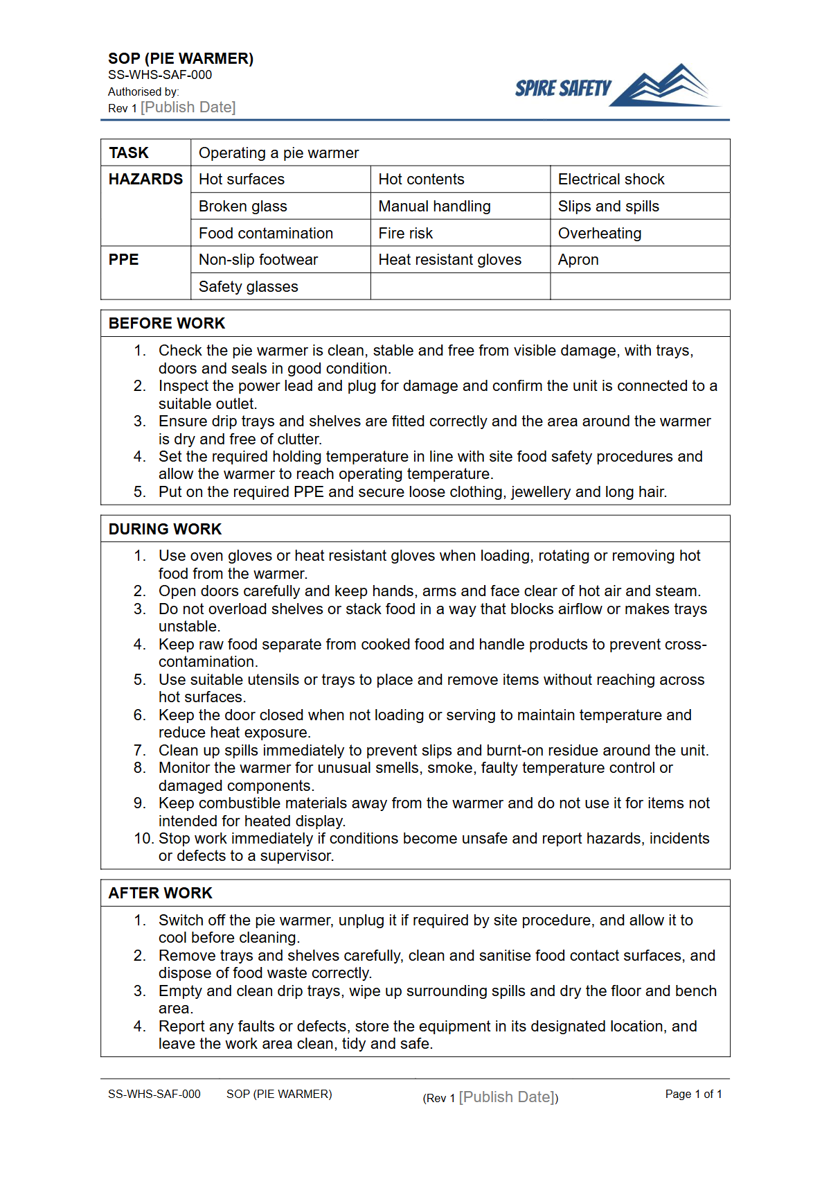 Free Safe Operating Procedure (Pie Warmer) Template — document preview