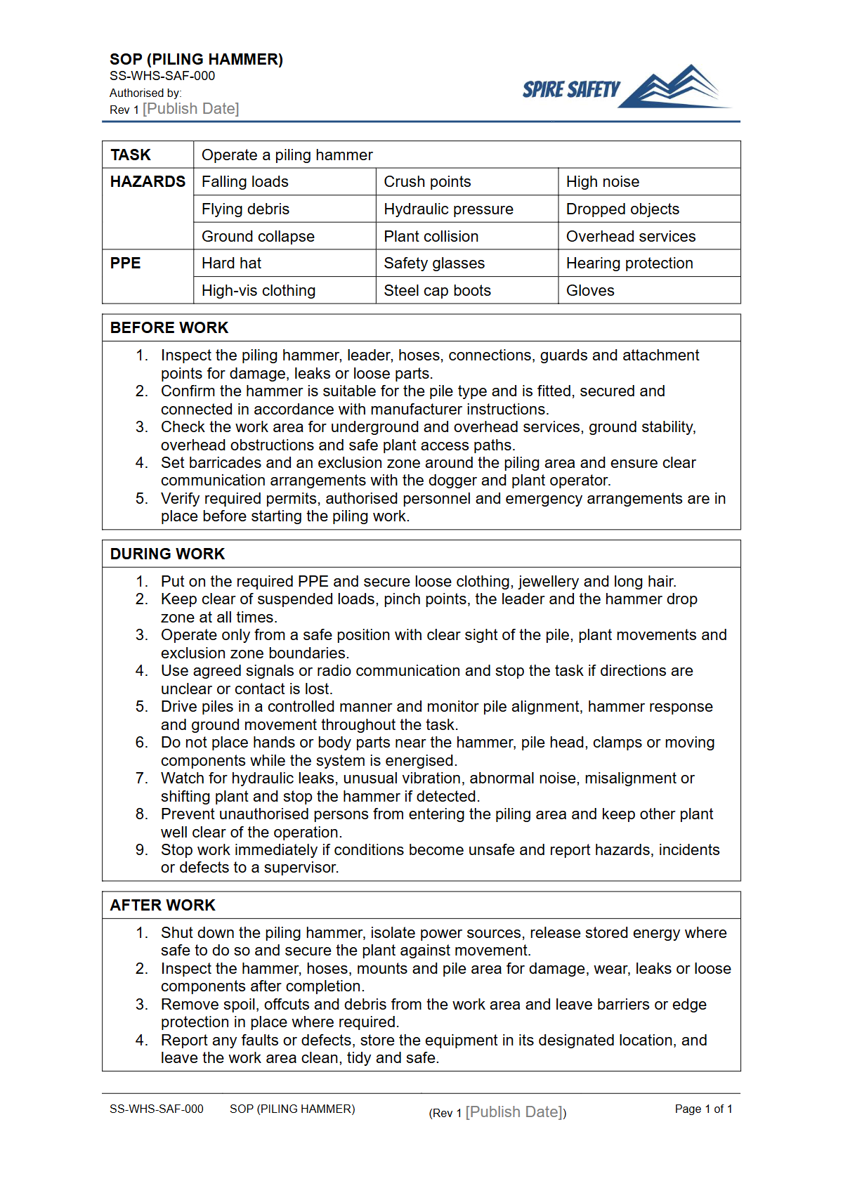 Free Safe Operating Procedure (Piling Hammer) Template — document preview