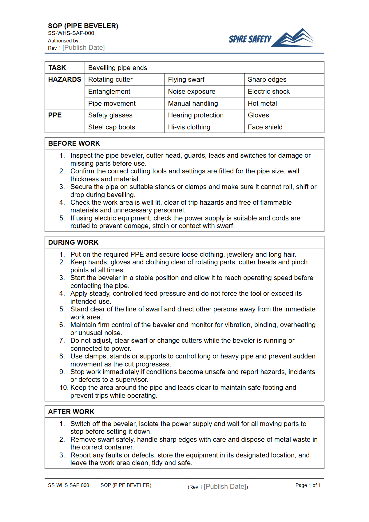 Free Safe Operating Procedure (Pipe Beveler) Template — document preview
