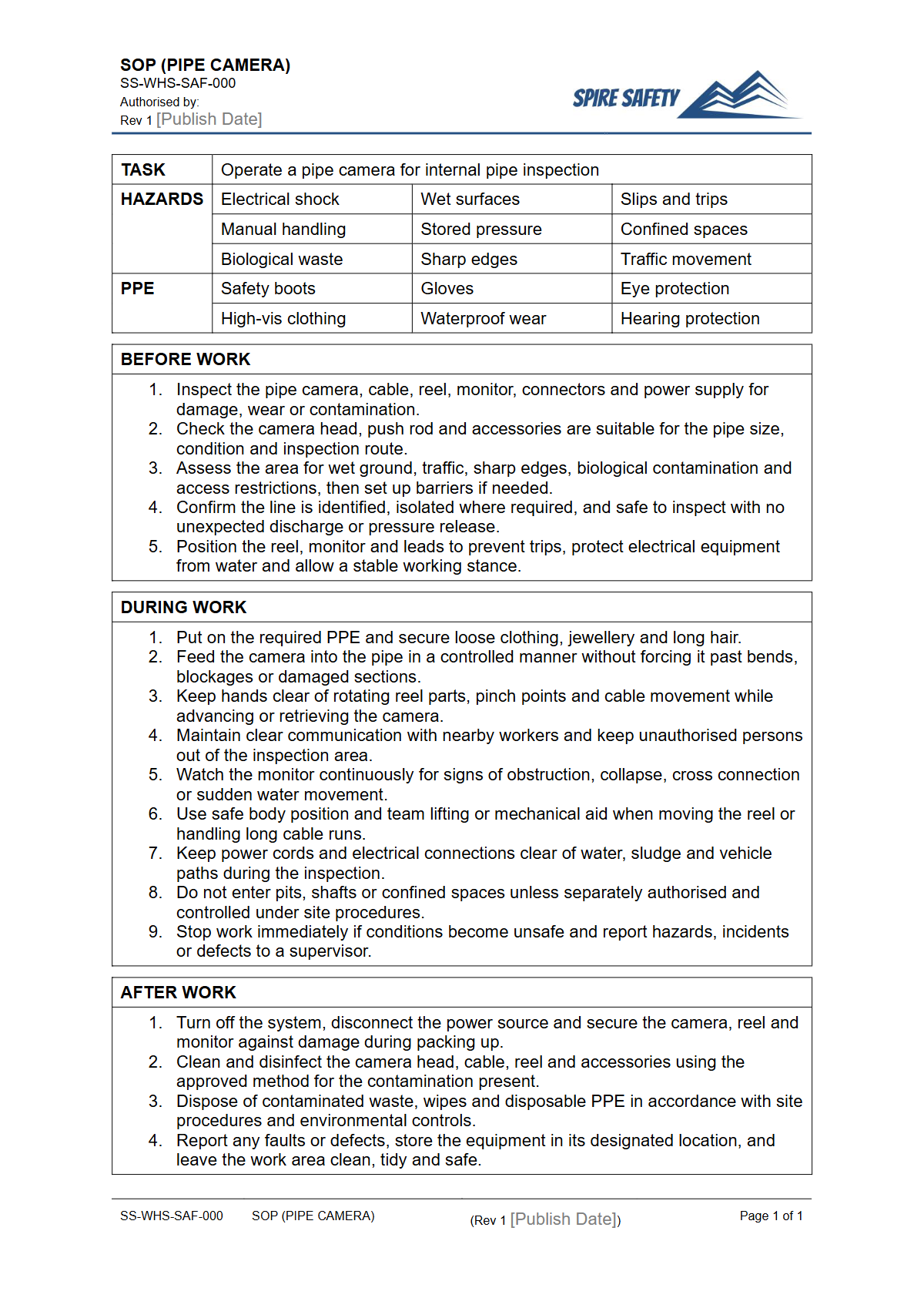 Free Safe Operating Procedure (Pipe Camera) Template — document preview