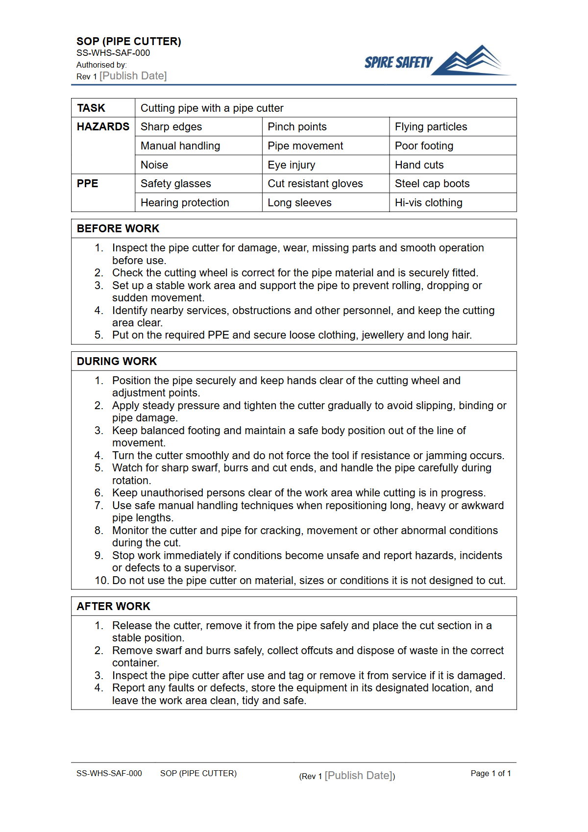 Free Safe Operating Procedure (Pipe Cutter) Template — document preview
