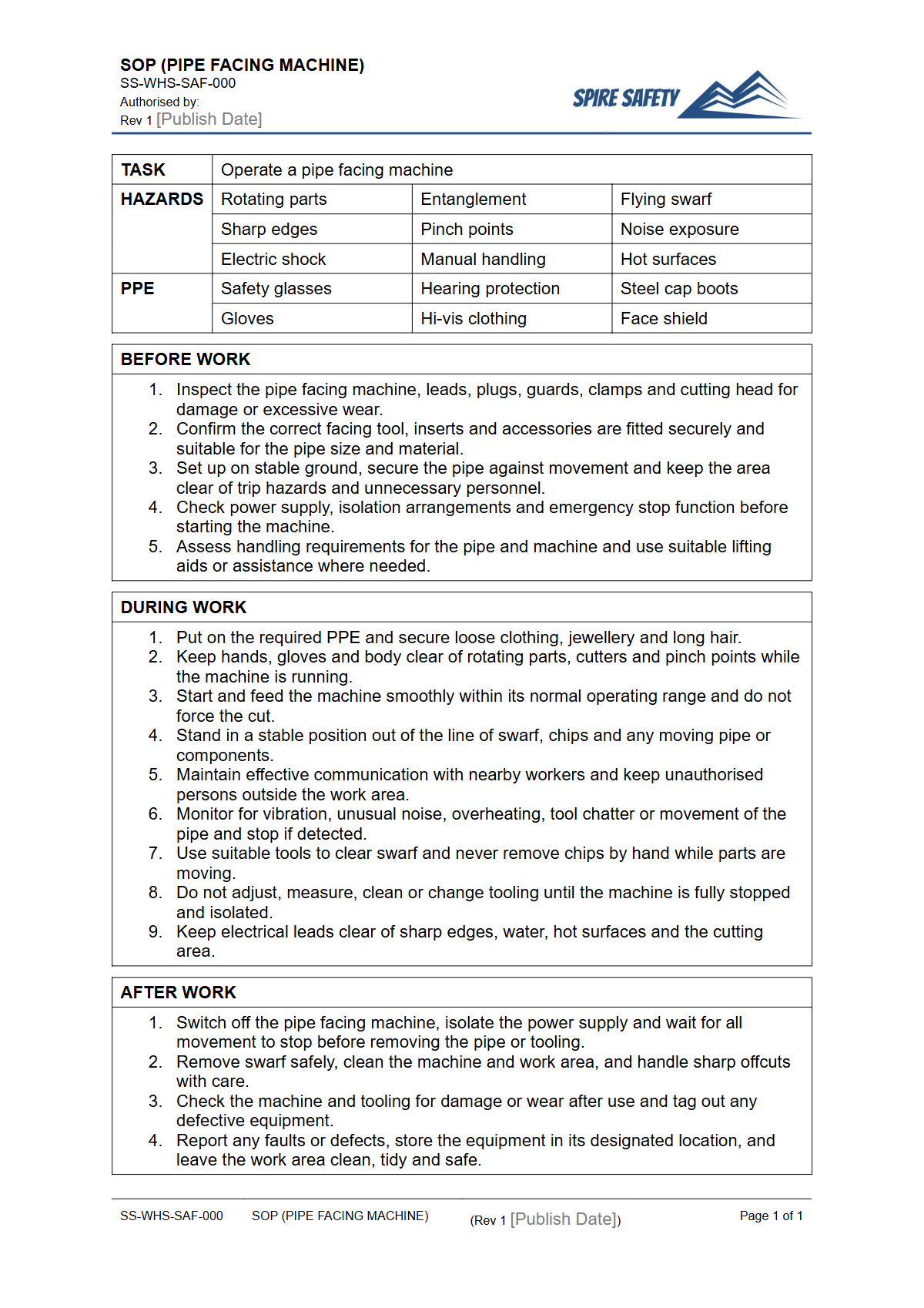 Free Safe Operating Procedure (Pipe Facing Machine) Template — document preview
