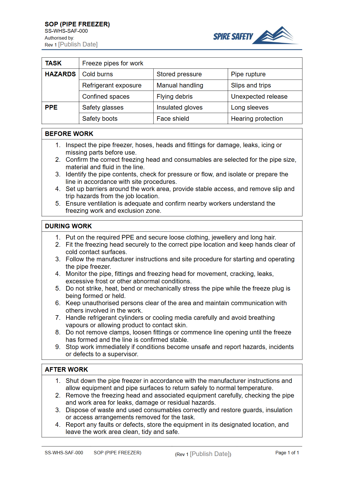 Free Safe Operating Procedure (Pipe Freezer) Template — document preview