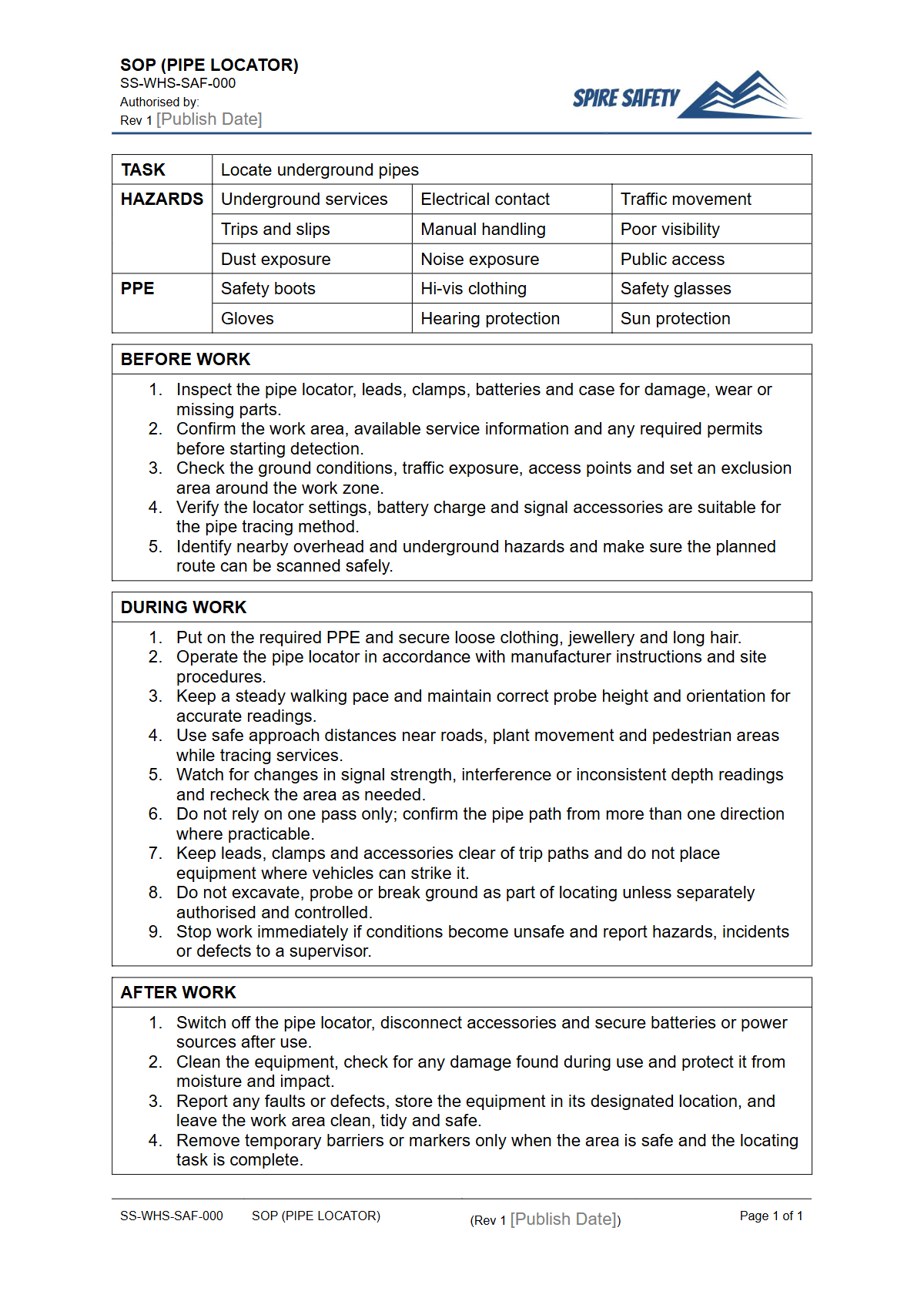 Free Safe Operating Procedure (Pipe Locator) Template — document preview