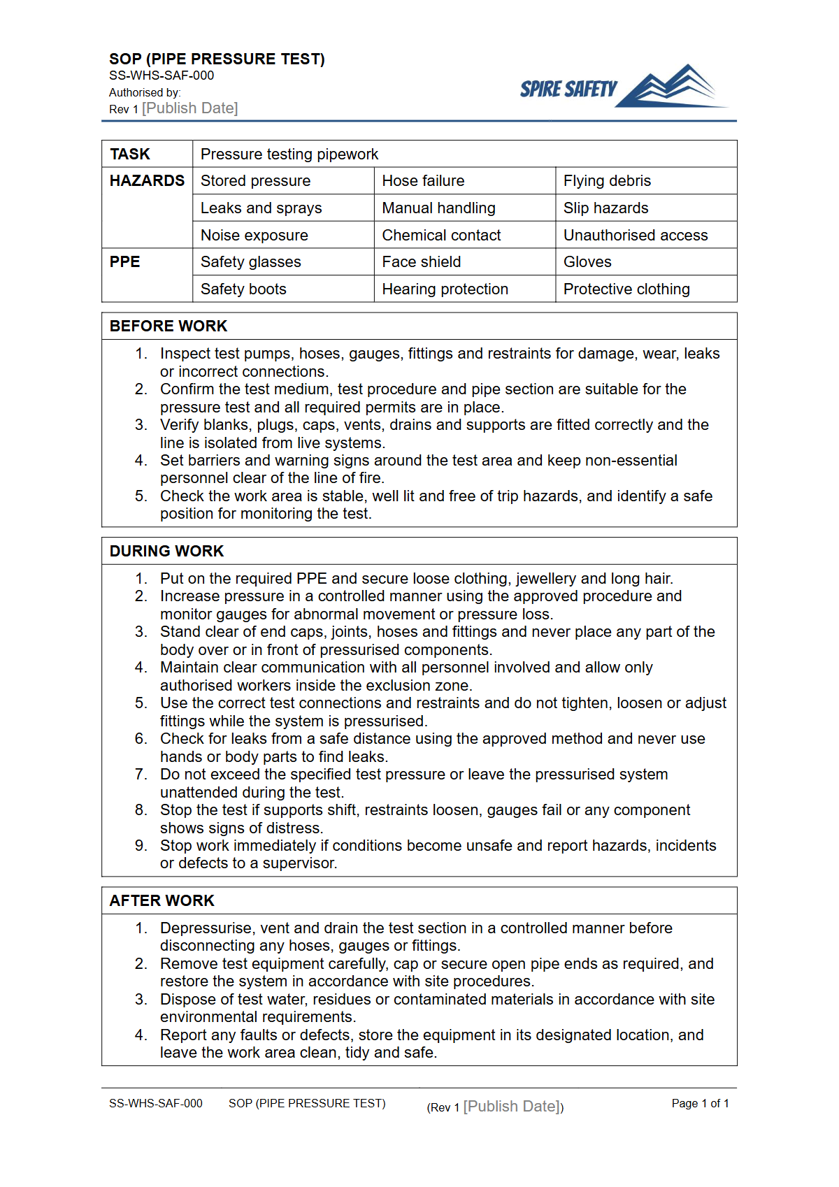 Free Safe Operating Procedure (Pipe Pressure Test) Template — document preview