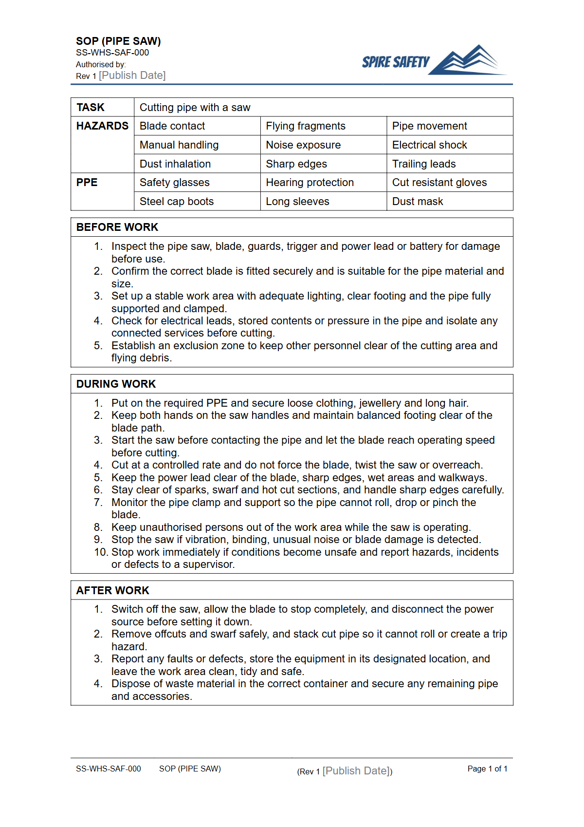 Free Safe Operating Procedure (Pipe Saw) Template — document preview