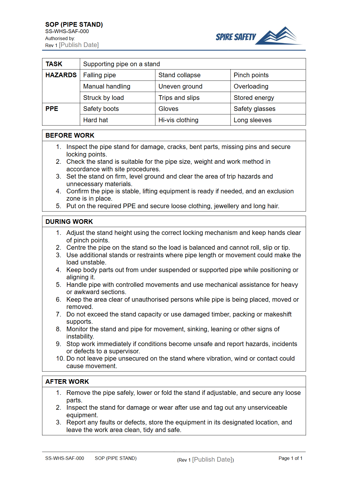 Free Safe Operating Procedure (Pipe Stand) Template — document preview