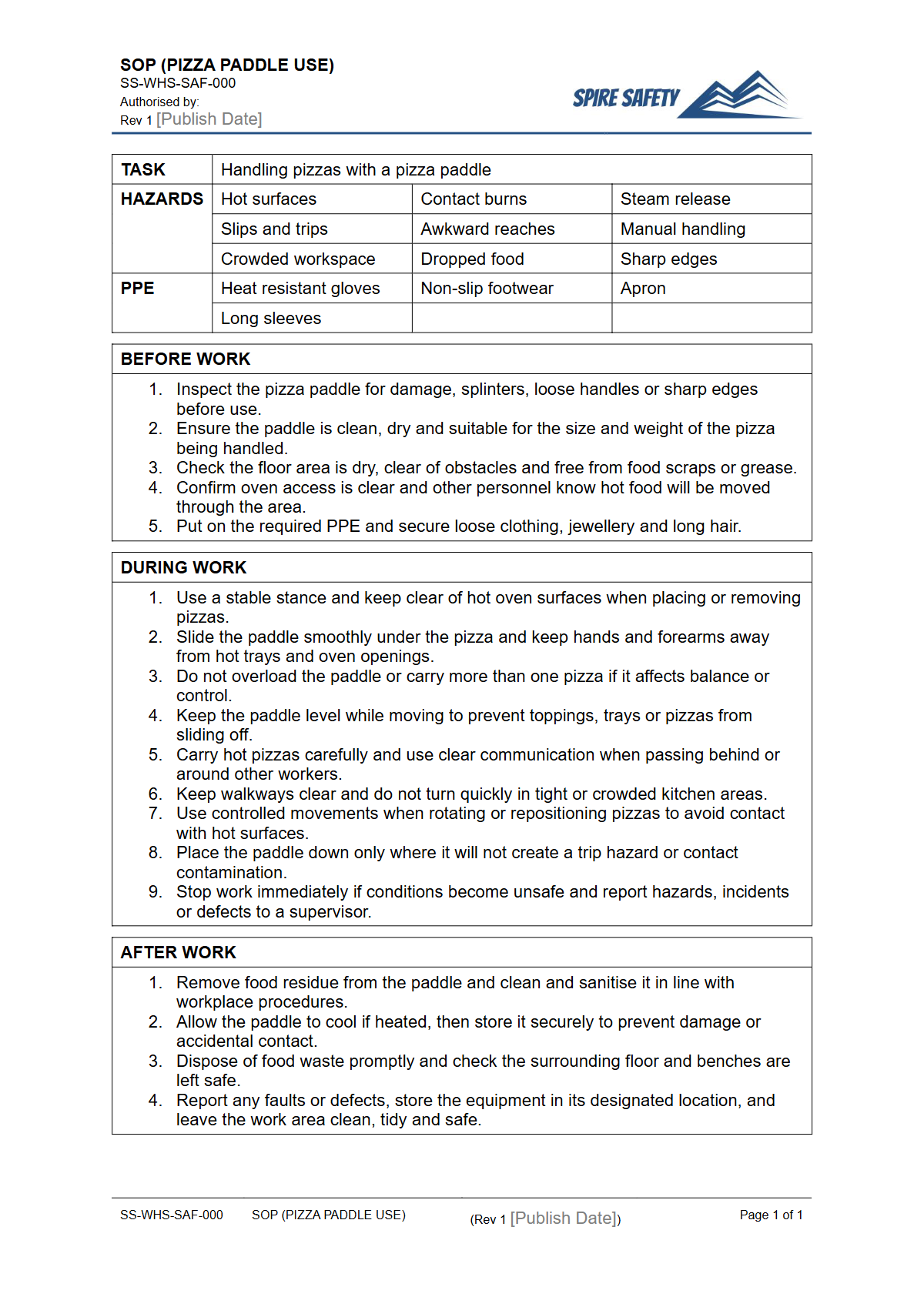 Free Safe Operating Procedure (Pizza Paddle Use) Template — document preview