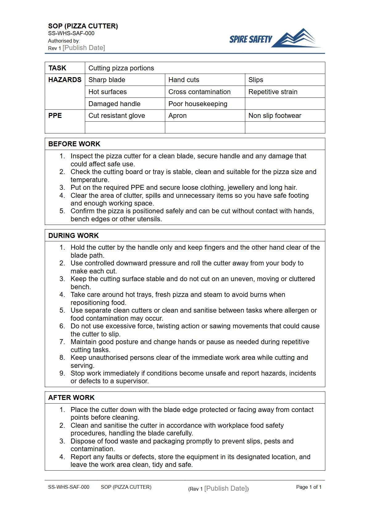 Free Safe Operating Procedure (Pizza Cutter) Template — document preview